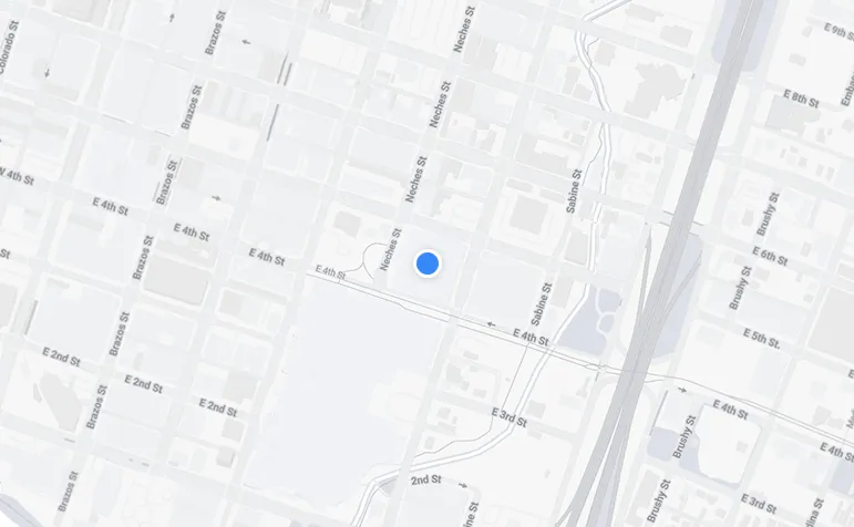 Map of downtown Austin showing the Hilton Austin at 500 East 4th Street